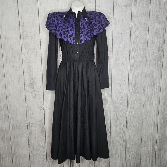 Lilia Smitty Dresses & Skirts - Vintage Lilia Smitty Black Western Dress Purple Print Yoke Shirt Dress, sz Small